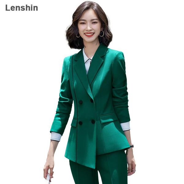 

women's two piece pants lenshin soft 2 set formal pant suit asymmetry blazer office lady uniform design women business jacket and flare, White