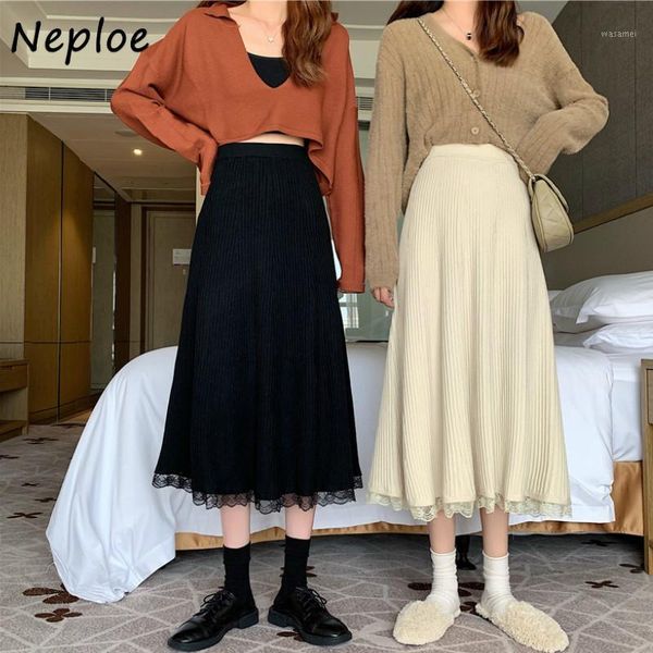 

neploe solid color all-match a-line skirt chic lace patchwork design mid-length skirts autumn 2020 new knitted bottoms 1h2601, Black