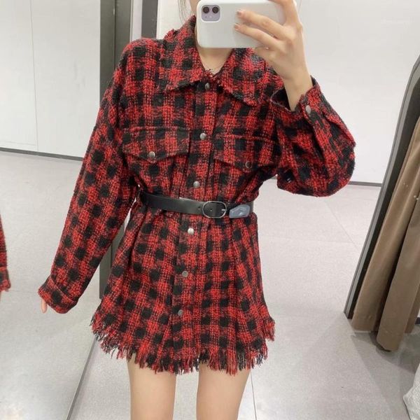 

womens casual loose autumn winter houndstooth plaid belt jacket fashion long sleeve button outerwear ladies casual elegant coat1, Black