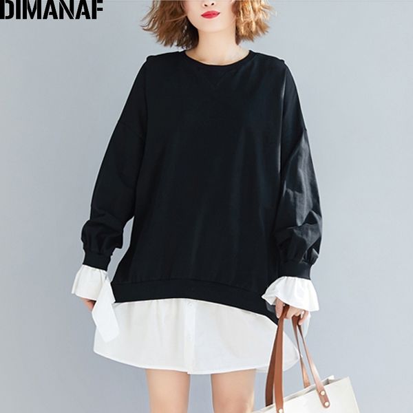 

dimanaf plus size women sweatshirts spring long sleeve lady pullover female loose solid black spliced pleated oversized new 201203