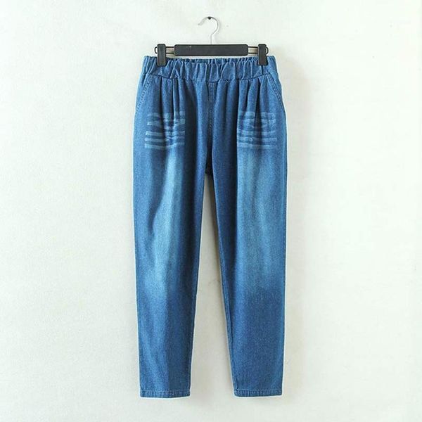 

s6 casual women jeans xl~3xl plus size clothes spring loose scratched bleached elastic waist ankle-length denim pants 50191, Blue