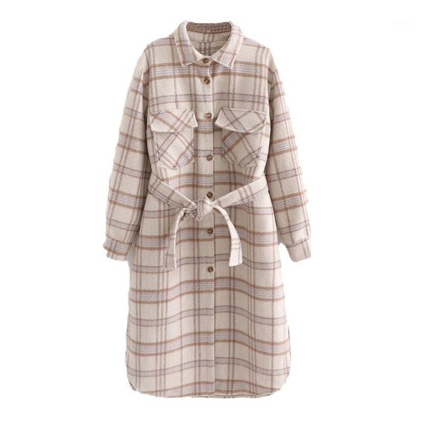 

blsqr women woolen plaid overcoat fashion ladies pocket long jacket 2021 autumn causal female chic sashes coat1, Black;brown