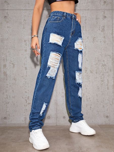 

high-rise destroyed ripped detail jeans 75pe#, Blue