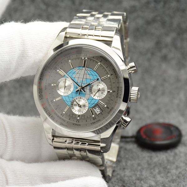 

transocean man watch 44mm quartz chronograph accurat mens watches excellent wrtistwatches grey dial with world time stainless steel bracelet, Slivery;brown