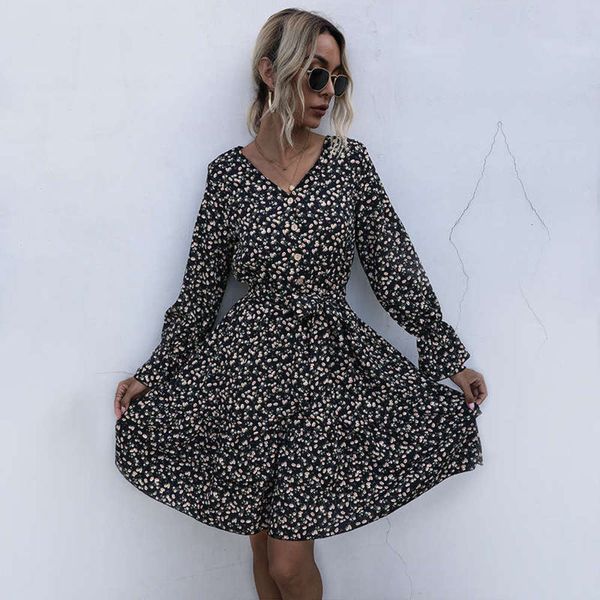 

floral wind holiday long sleeve v-neck women printed beach dress, Black;gray