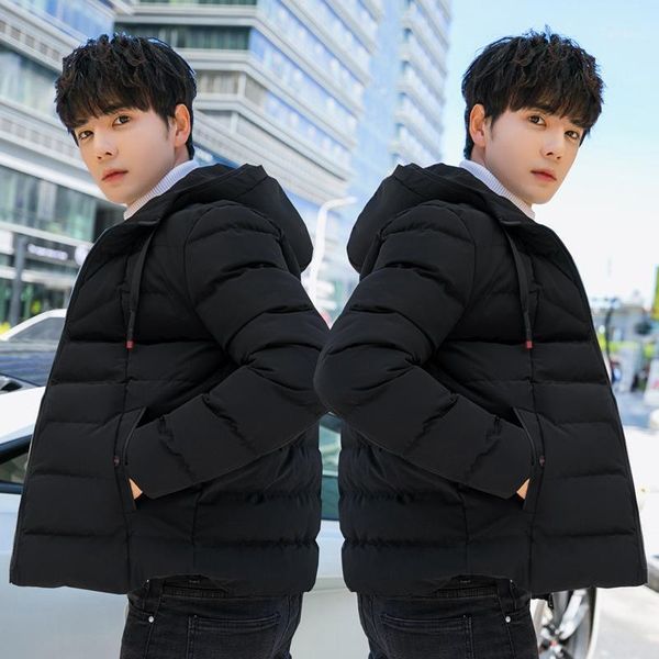 

autumn & winter new style men hooded thick solid color down jacket cotton-padded clothes slim fit versatile casual cotton-padded1, Black