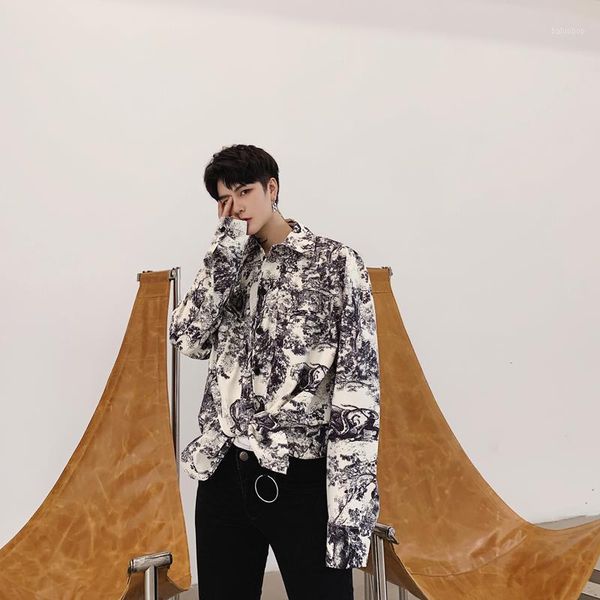 

printing long sleeve casual shirt jacket male streetwear men hip hop loose shirts coatfashion outerwear mens dress shirts b701, White;black