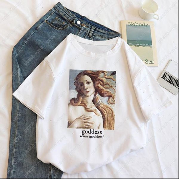 

harajuku aesthetics female goddess art vintage oil painting print summer short sleeve ins casual chic women clothing t shirt, White