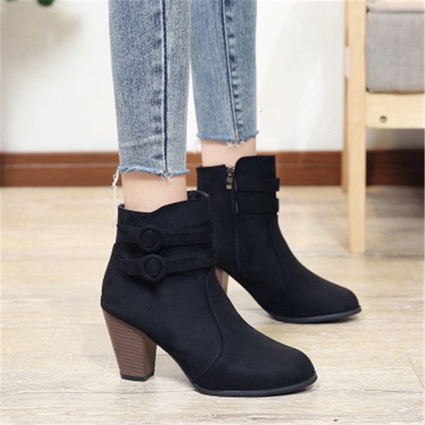 

2021 new autumn: casual women's high heels zipper short retro-zapatos boots of mujer 3wse, Black