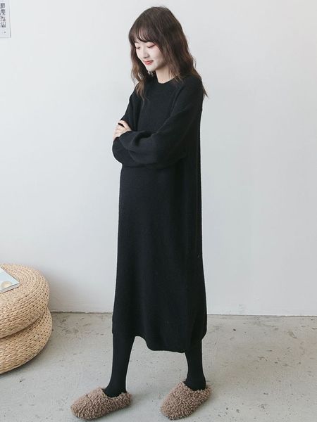 

pregnant women's autumn and winter korean black knitted skirt long sweater fashion bottoming loose oversized chaoma dress, White