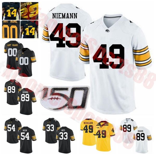 

college iowa hawkeyes football 49 nick niemann jersey 89 nico ragaini 54 daviyon nixon 28 jack koerner 33 riley moss size s-xxxl, Black