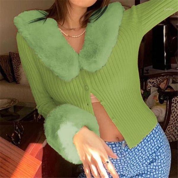 

green knitted sweaters women long sleeves soft fur tirm solid color slim fit buttons knitwear female fall winter warm sweater1, White