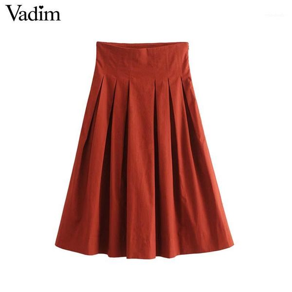 

vadim women elegant solid pleated skirts faldas mujer pockets side zipper female casual streetwear chic midi skirts ba1011, Black