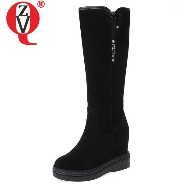 

zvq winter new cow suede knee high boots outside casual super high heels platform round toe women shoes drop shipping size 32-401, Black