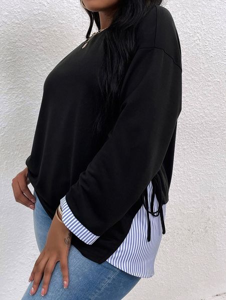 

plus striped tie side drop shoulder sweatshirt 680w#, Black