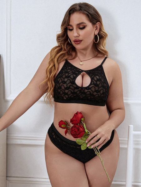 

plus cut-out lace lingerie set i1oi#, Black;white