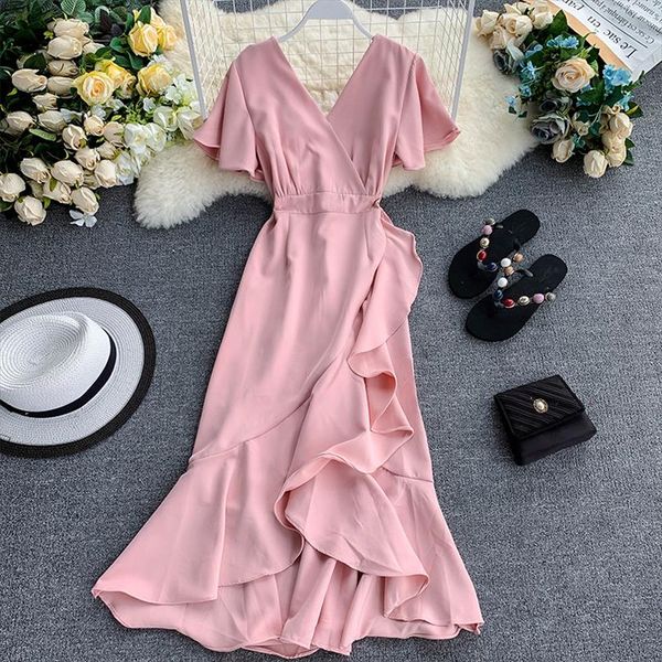 

2020 slim fashion asymmetrical ruffles v neck summer midi long dress party women casual elegant dresses irregular beach vestidos, Black;gray