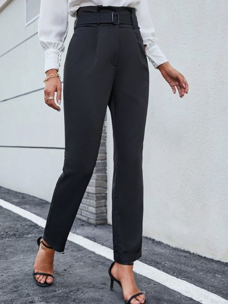 

high waist roll up hem belted pants b8a5#, Black;white