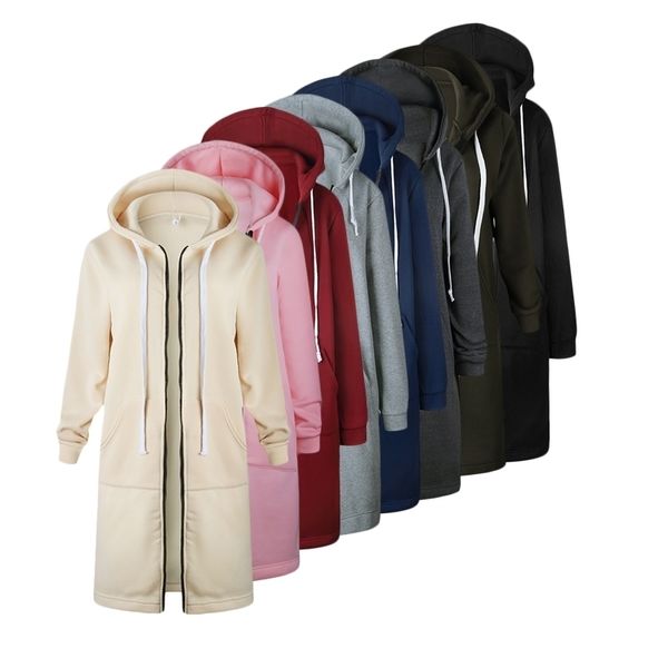 

women long coat zipper hooded jacket autumn winter casual loose female coat hoodies sweatshirt hoody jackts plus size 5xl 201123, Black;brown