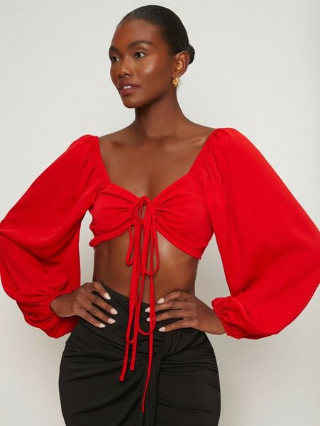 

knot front lantern sleeve crop f1df#, White