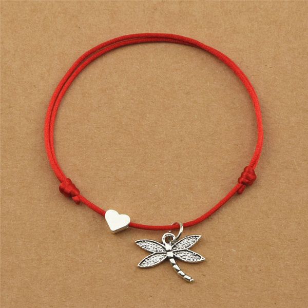 

handmade new red rope cord elegant animal love heart flying dragonfly charm bracelets for women girls butterfly pendant bangles, Golden;silver
