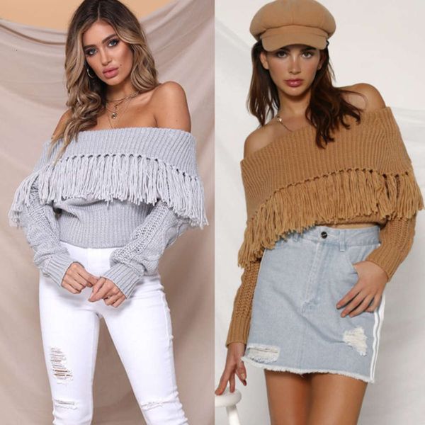 

2020 new one line tassel off shoulder sweater for women in autumn and winter of cardigans woman ing, White;black