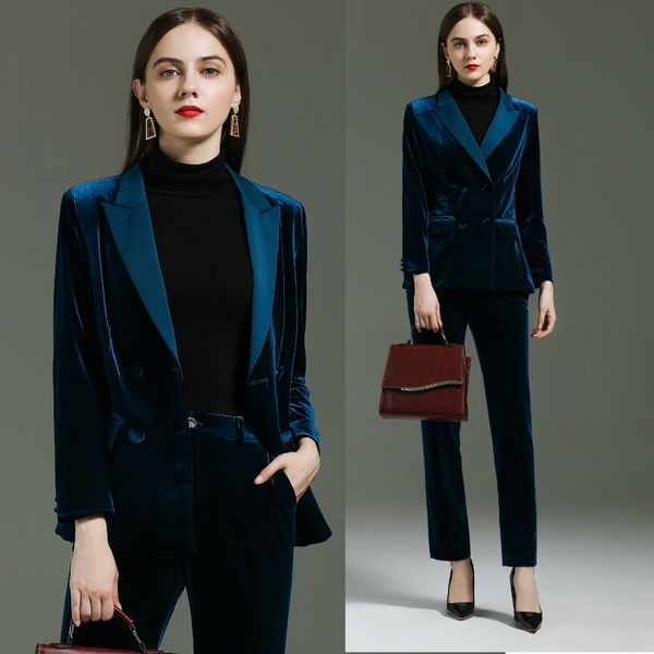 

jacket and pants set 2 pieces women's suit coat and trousers women's blue velvet autumn winter office work suit q1215, White;black