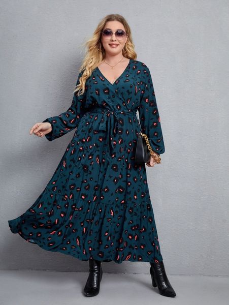 

plus graphic print ruffle hem belted dress 37yx#, Black