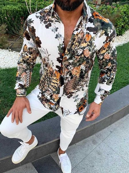 

new summer men's lapel long sleeve shirt for man fashion flower 3d-printed slim fit single breasted casual shirt men's clothing1, White;black