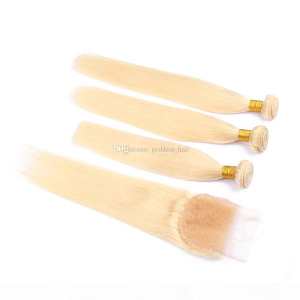 

lightest blonde color virgin hair weaves weft with lace closure silky straight 613 color hair 3bundles extension with 4x4 closure, Black