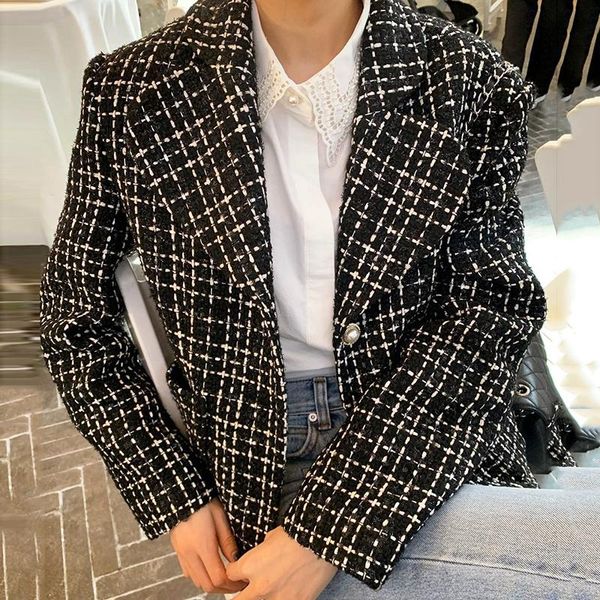 

ewq]2021 winter female turn down collar single breasted minimalist loose panelled plaid cotton tweed jacket cardigan coat8d1116, Black;brown