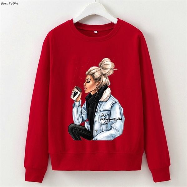 

borntogirl spring autumn winter women's vintage long sleeve round neck black white gray red hoodies sweatshirt 201201