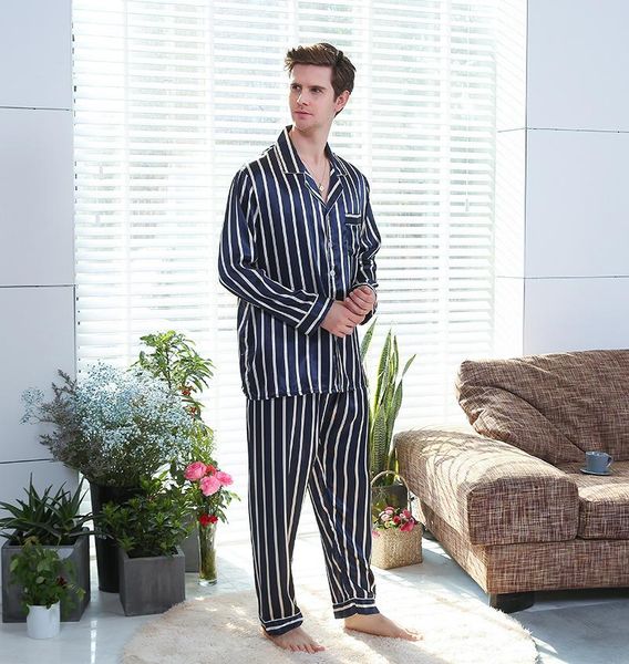 

men's striped silk pajamas spring/autumn long-sleeved trousers simulation silk suit casual, Black;brown