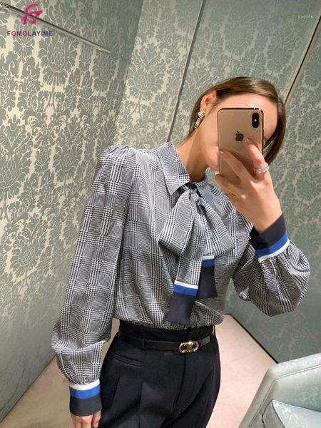

2021 new silk blouses print contrast color houndstooth ribbon silk shirt blouse for women1, White