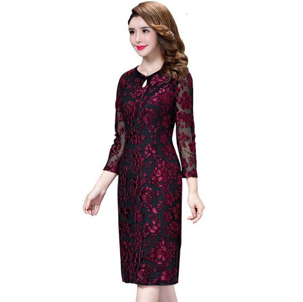 

2021 spring summer women of vintage dobby floral 3/4 mid-calf mesh as falling placket cheongsam dressed for woman p392 7icl, Black;gray