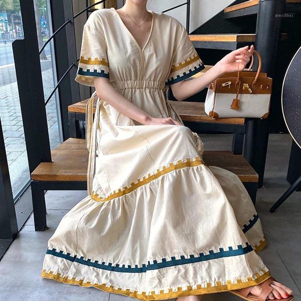

casual dresses korean chic vintage cotton v-neck short sleeve drawstring holidays dress female loose embroidery lace-up long dress1, Black;gray