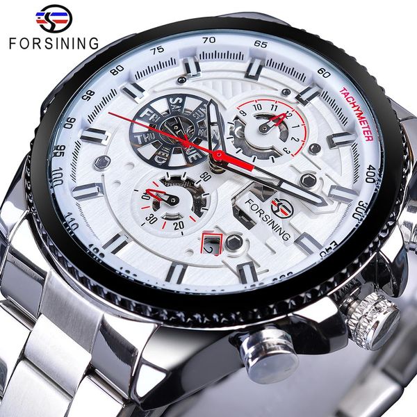 

forsining white automatic mens watches calendar date relogio masculino luminous stainless steel band mechanical sport wristwatch, Slivery;brown