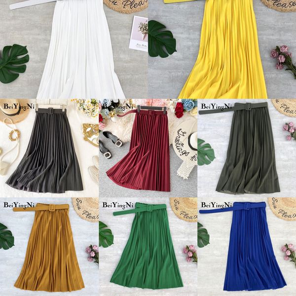 

beiyingni 20colors summer solid vintage woman's skirt pleated belted harajuku casual slim long promotions skirt lady preppy saia q1209, Black