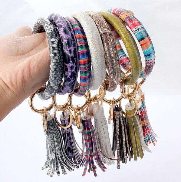 

keychain bracelet with tassel 33 colors bangle wristlet round ring leather key holder sunflower leopard charm bracelets