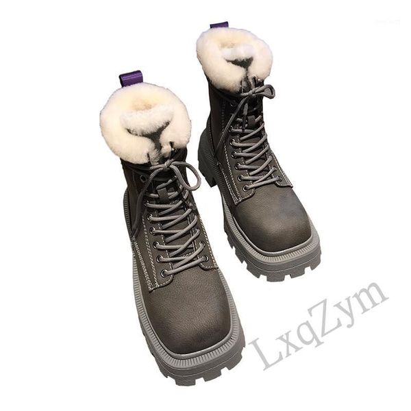 

natural wool winter women warm snow booties round toe real leather lace up combat boots femme thick sole shoes1, Black