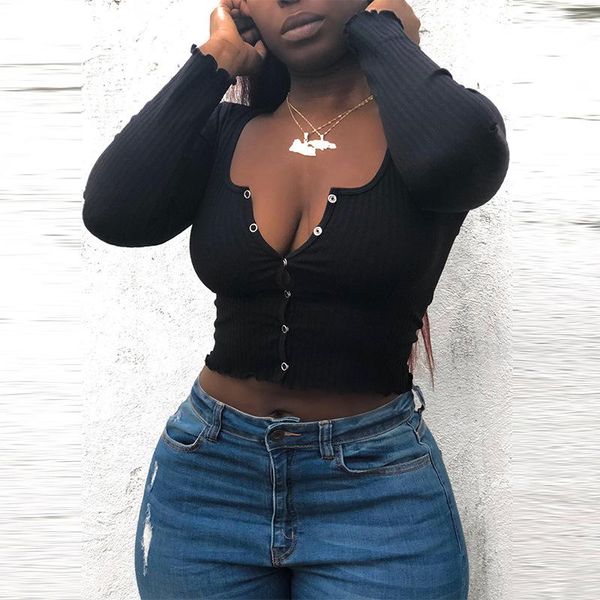 

women's t-shirt dsmtrc button up ribbed knitted long sleeve crop cardigan solid casual fitted t shirts for women fall 2021, White