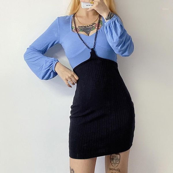 

myzyqg women spliced mini dresses elegant v-neck chain lantern sleeves dress female casual clothes1, Black;gray