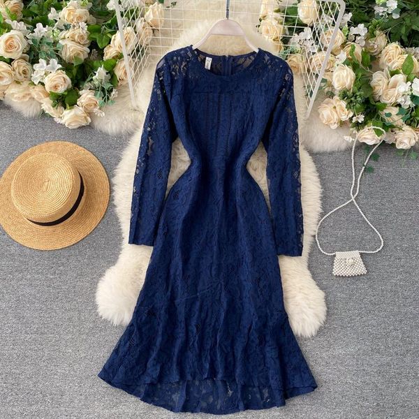 

foamlina new spring autumn elegant hollow out women lace dress blue long sleeve ruffles female fashion midi chic dress robe, Black;gray