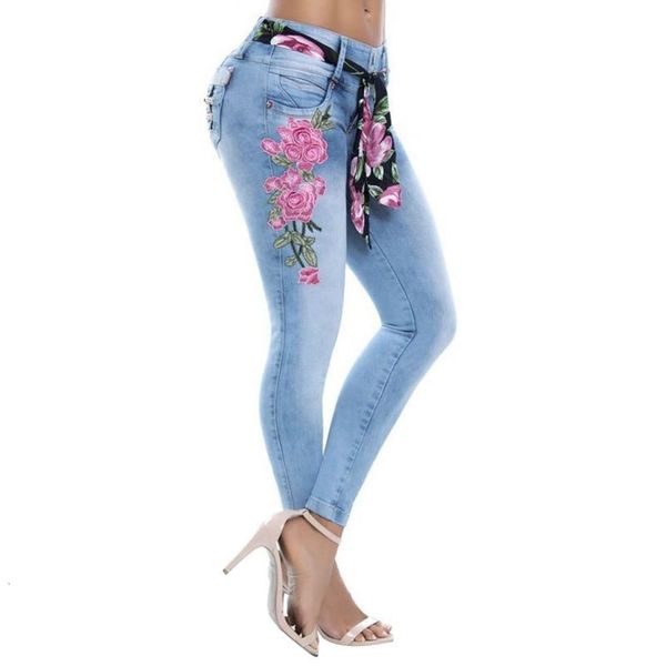 

plus size women floral embroidery high waist skinny jeans denim long pants high waist skinny jeans denim long pants, Blue