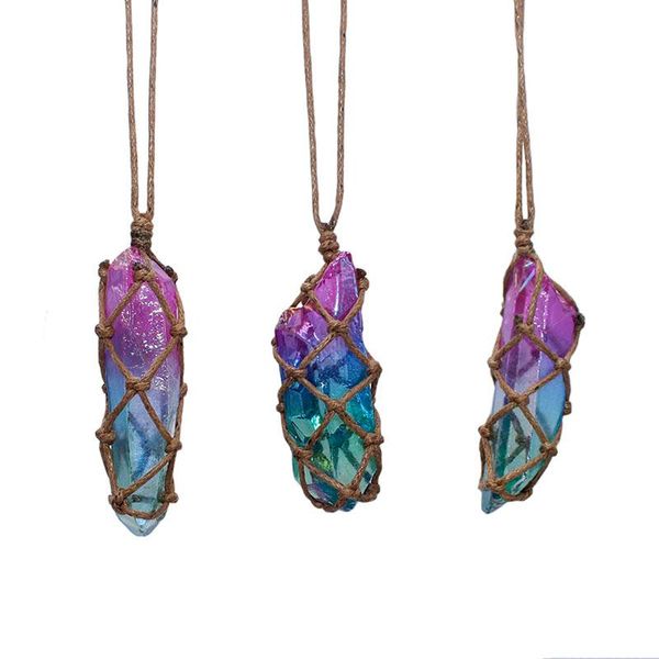 

natural rainbow healing crystal necklace hand braided chakra unpolished raw stone pendant necklace for women 1pcs, Silver