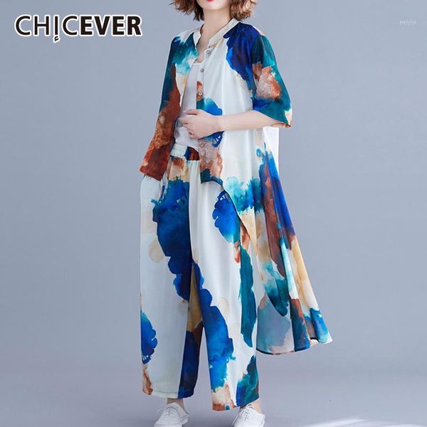 

two piece dress chicever print hit color set women stand collar asymmetric t-shirt high waist pocket wide leg pants female suits 20211, White