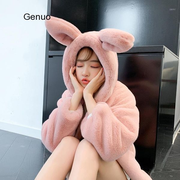 

cute hooded ears plush plush thick rex fur coat 2020 autumn winter new womens sweet style flurry overcoat1, Black