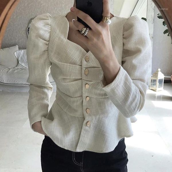 

sondr 2020 autumn long-sleeved puff sleeve minimalist ruffles slim shirt women fashion casual sweet blouse square collar1, White