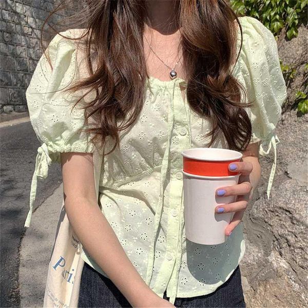 

women's blouses & shirts sweet green lace shirt women fashion adjustable drawstring embroidery blouse casual summer kawaii hollow out, White