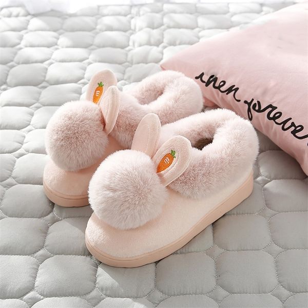 

winter cotton slippers indoor thick bottom autumn winter warm shoes cute lovely rabbit ear plus plush slippers shoes women 201215, Black